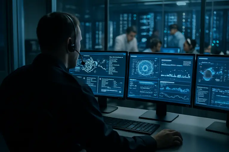 Technician reviewing control panels in a secure equipment room