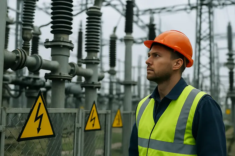 Utility maintenance crew inspecting high-voltage equipment during a planned outage